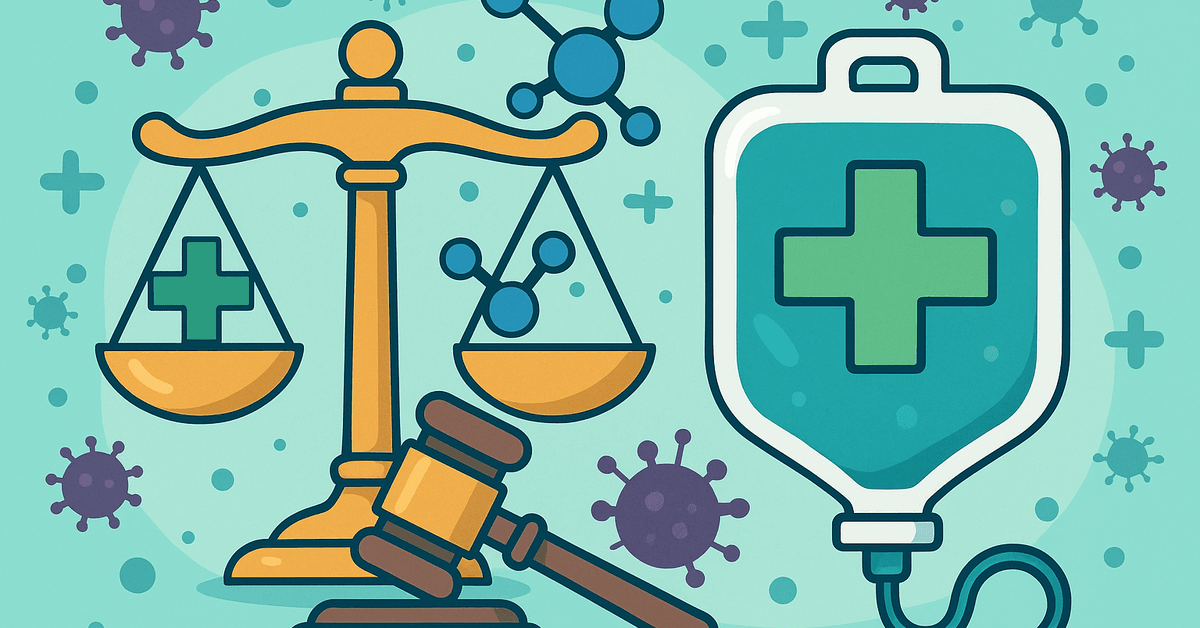 Scales of justice, gavel, molecules, and IV bag representing legal challenges in IV hydration therapy during COVID-19.