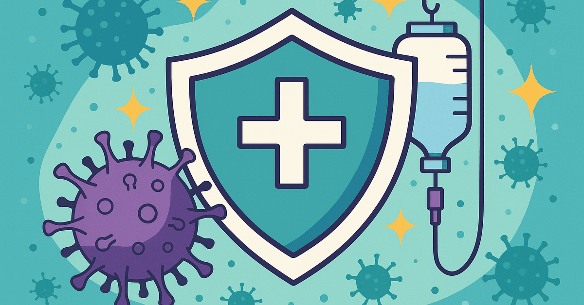 Shield with medical cross, IV bag, and viruses symbolizing boosted immunity and IV therapy.