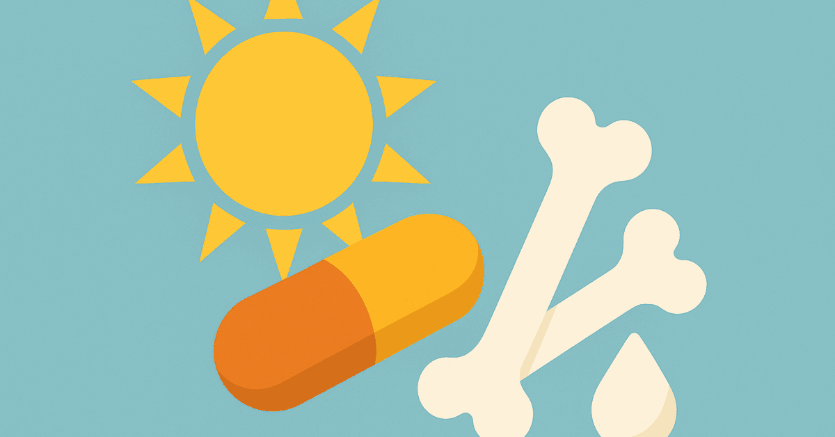 Illustration of sun, vitamin capsule, bones, and droplet representing vitamin D and bone health.