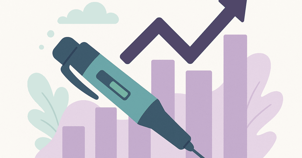 Illustration of an injection pen with upward arrow and bar graph indicating semaglutide healthcare trends.