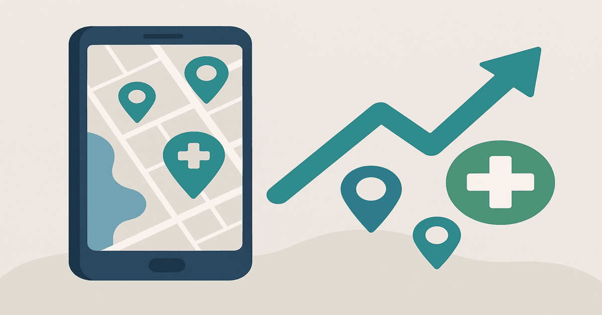 Abstract illustration of a smartphone displaying a map with location pins and upward arrow representing marketing for clinics via business profiles