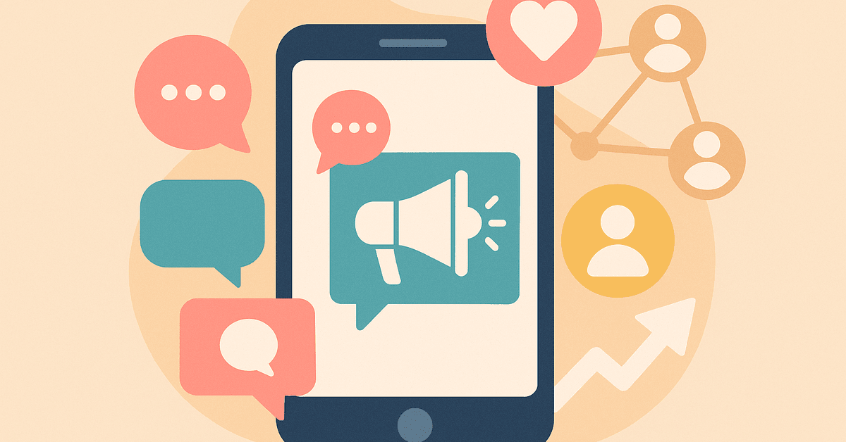 Abstract illustration of a smartphone surrounded by speech bubbles, user icons, and a megaphone representing social media marketing for clinics