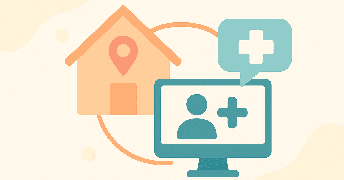 Abstract illustration showing a house connected to a computer with a medical cross symbol, representing telepractice and home address concept